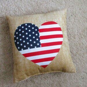 Heart-Shaped American Flag Decorative Throw Pillow Faux Burlap Rustic Patriotic